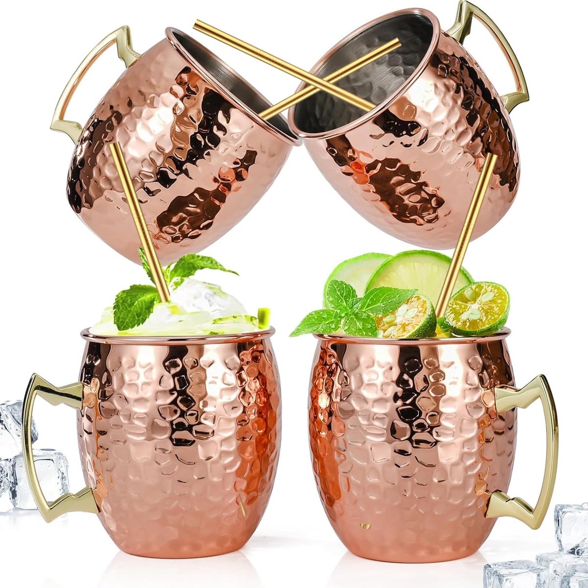 Dailygoods - Dailygoody - Moscow Mule beker - set van 4 koperen mokken - 530 ml - perfect voor cocktails - met rietjes - ideaal voor feesten en cadeaus