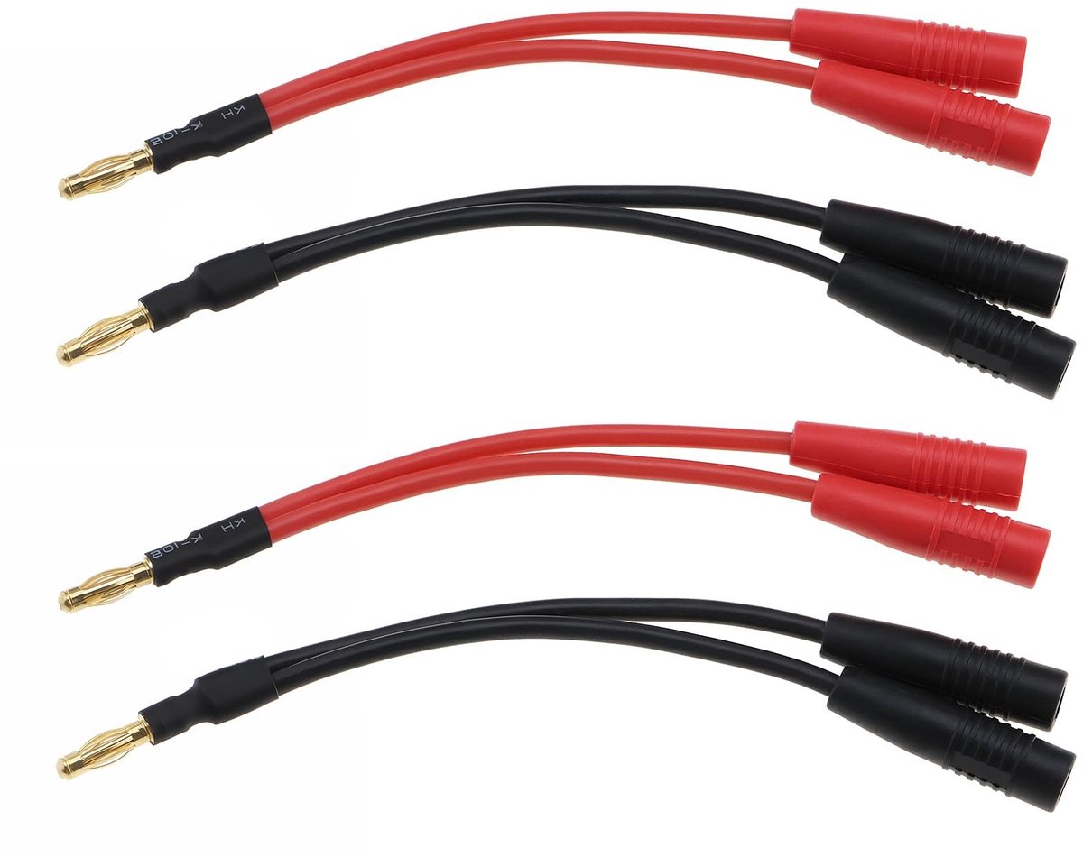 Dailygoods - Dailygoody - Banaan Stekker Adapter - 4 stuks - 4mm Bananenplug - Rood en Zwart - Ideaal voor Afstandsbediening Vliegtuigen - 14AWG Kabel