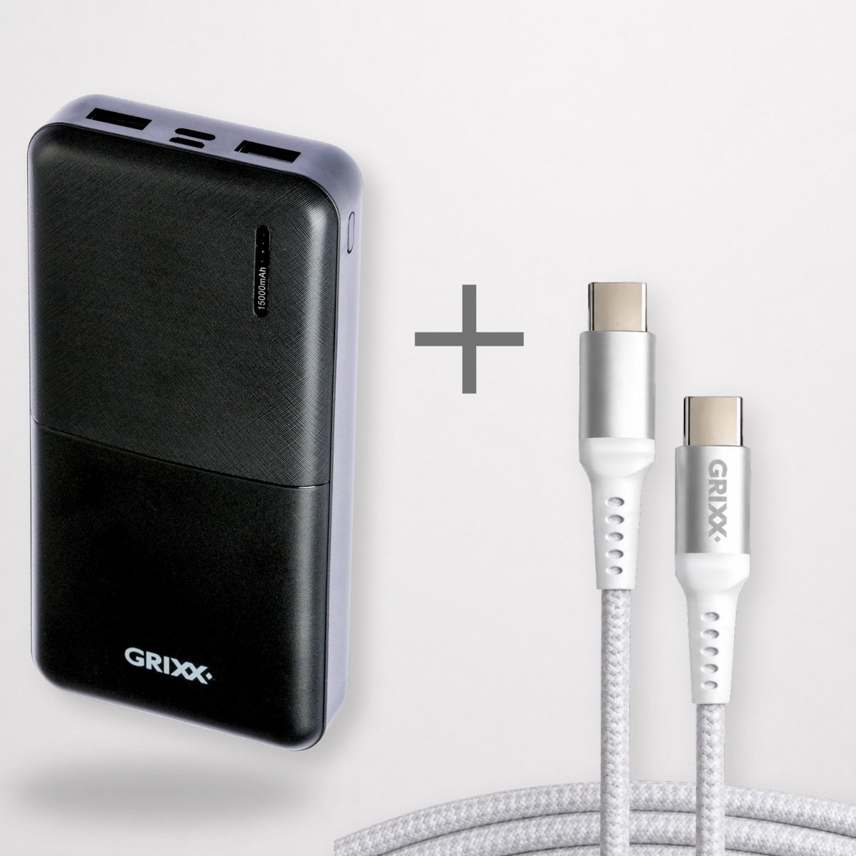 GRIXX Powerbank Bundel 15.000 mAh + USB-C Snellader 20W + USB-C Kabel 2 Meter – 18W Power Delivery – Noodpakket – Voor iPhone, Samsung & USB-C Smartphones – Zwart/Wit