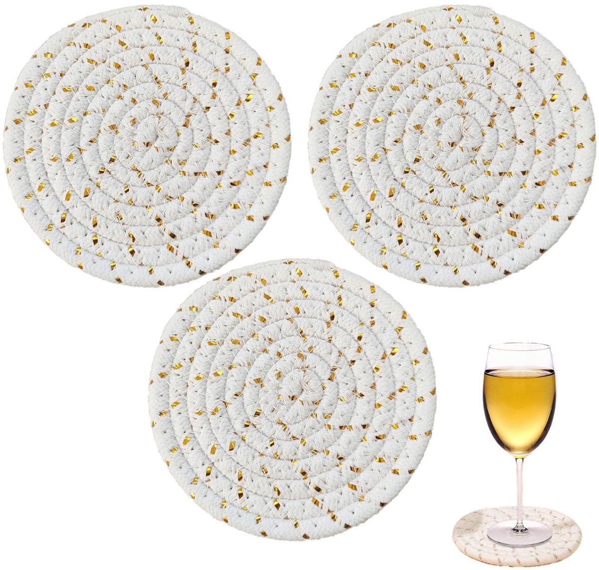 Dailygoods - Boho Onderzetters - Glazen Onderzetters - Handgemaakt van Katoen - Gouden Kleur - Absorberende Drankonderzetters - Voor Eettafel en Bar -