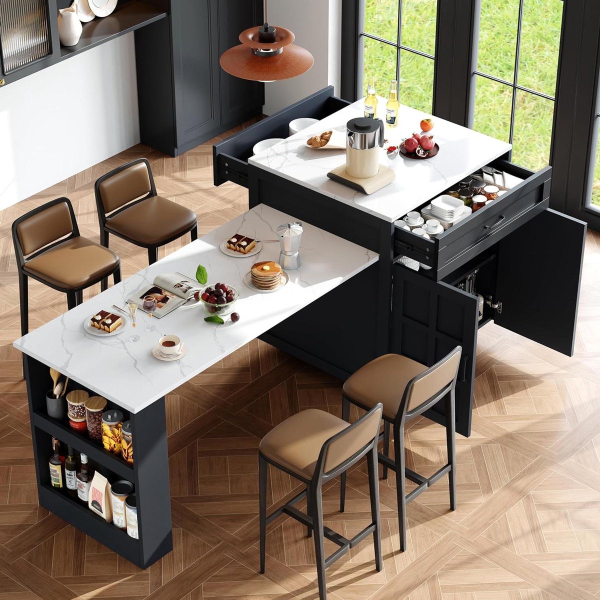 Uittrekbare Bartafel - Keukeneiland Tafel Statafel - Ruimte Besparen - Flexibel Telescopisch Design - 133-202x70x935cm - Zwart