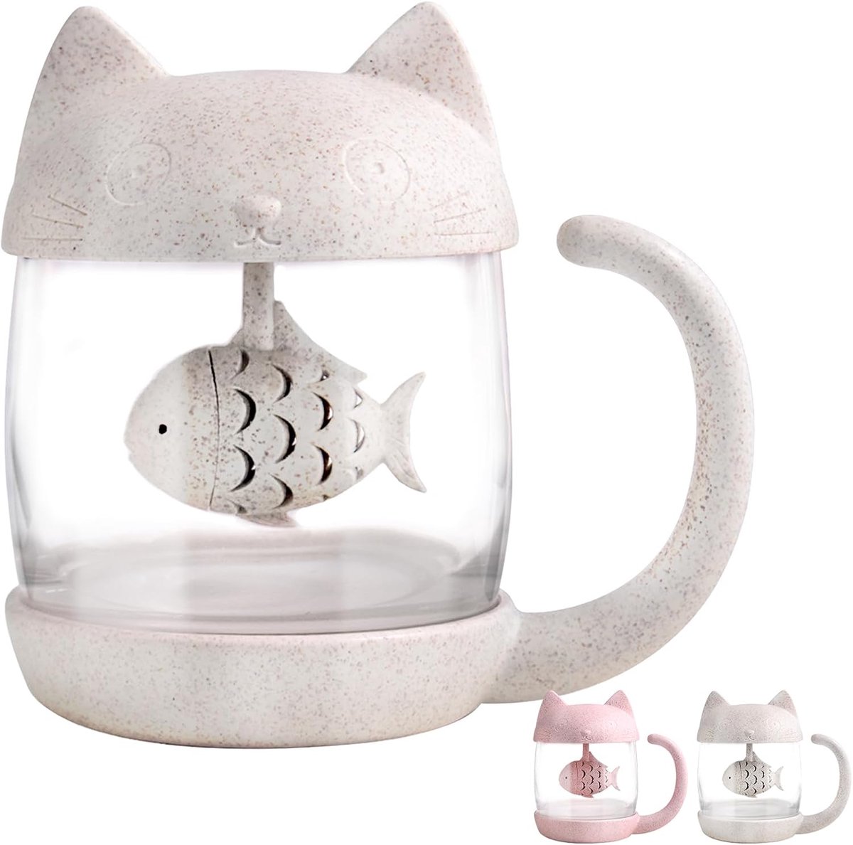 Glazen theebeker voor katten, waterfles met vis, thee-infuser, zeeffilter, 250 ml