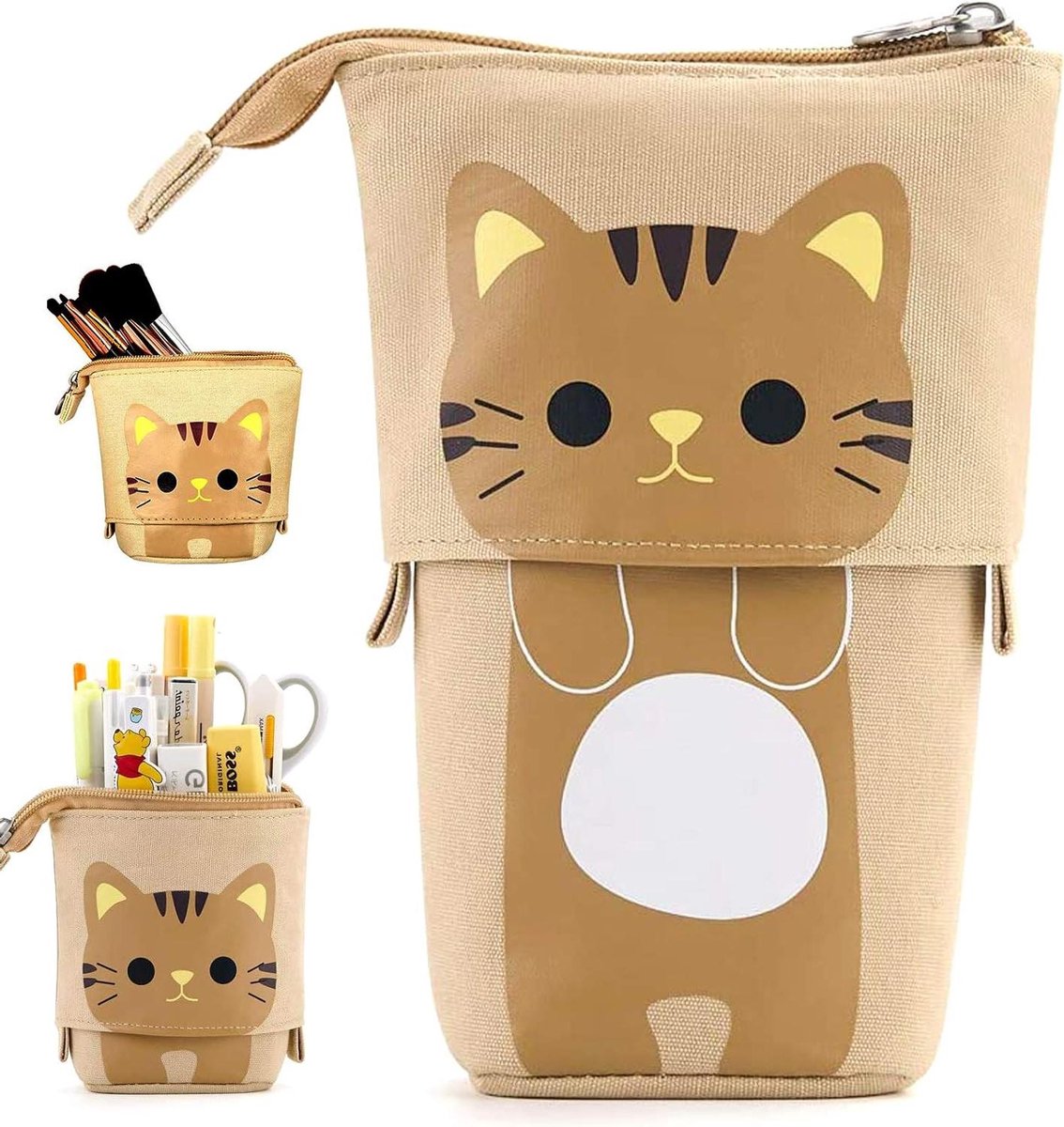Etui met Kattenprint - Pennenhoder Make-up Tas - Bureau Organisatie - Telescopisch Ontwerp - 17 x 12 cm - Khaki