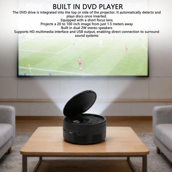 Draagbare Projector - Filmspeler - Thuisbioscoop - Ingebouwde DVD-speler - 20-100 inch - Zwart — afbeelding 4