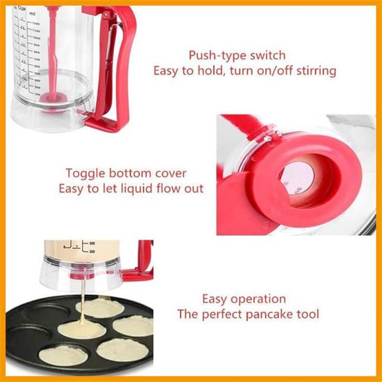 Deegdispenser Mixer - Bakgereedschap Beslag - Pannenkoeken Bakken - Elektrisch Mengen - 1200 ml Inhoud - Transparant Rood — afbeelding 2