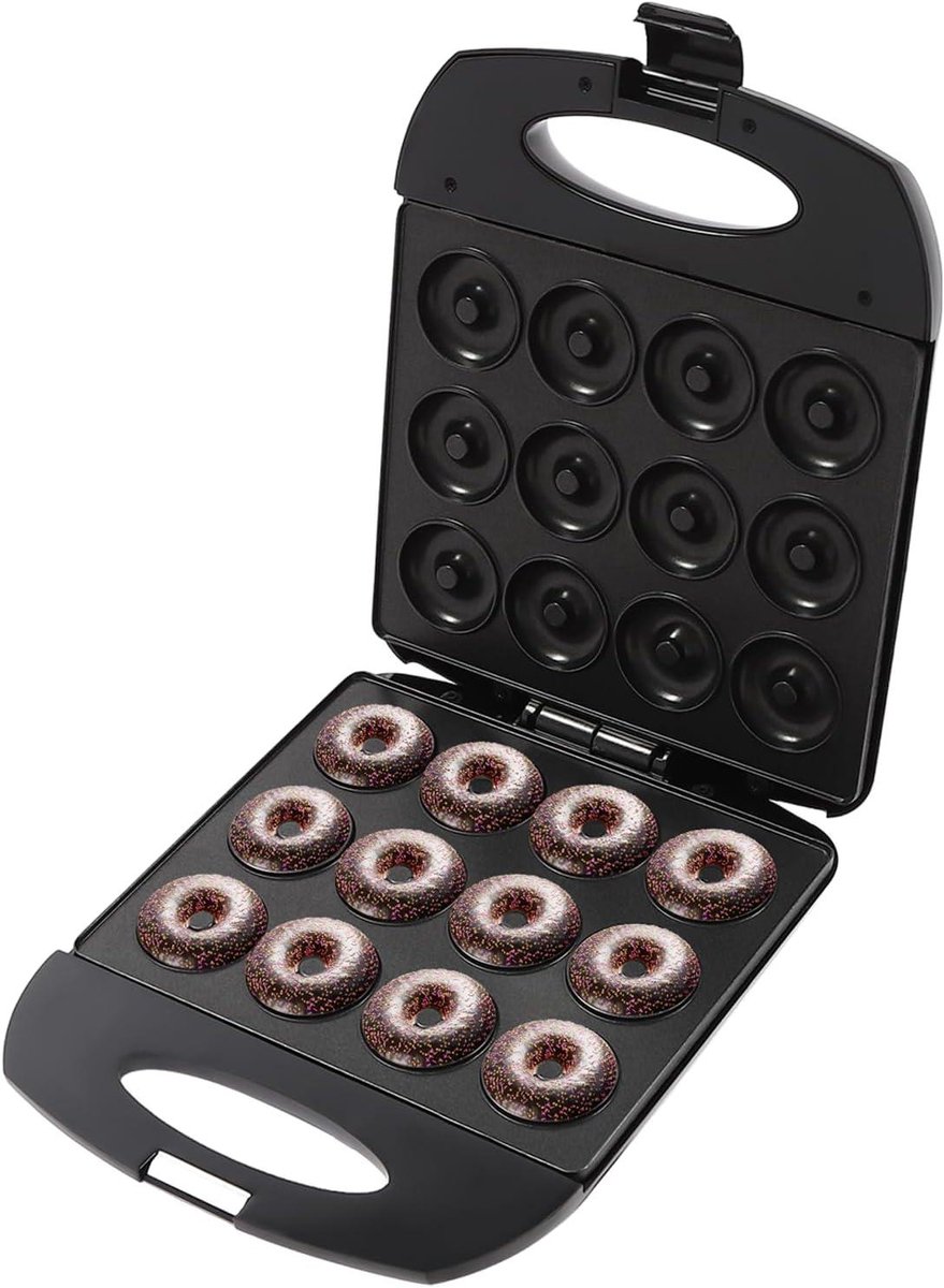 Donut Maker - Donuts Bakken - Familiefeesten Bakken - Dubbelzijdig Verwarmingspaneel - 12 Donuts - Zwart Zilver