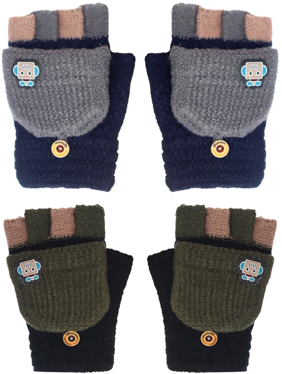KASESSS Kinder Vingerloze Handschoenen - 2 Paar, 6-12 Jaar, Navy Blauw en Grijs, Warm en Zacht, Schattig Robot Ontwerp