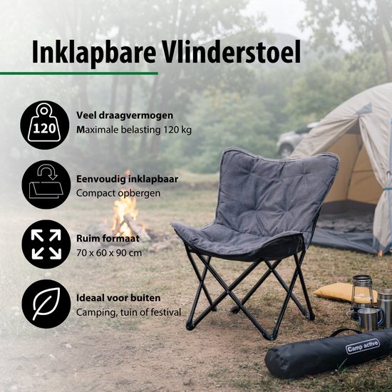 Camp active Vlinderstoel Opvouwbaar - Butterfly Chair Inclusief Draagtas - Campingstoel met Comfortabele Zitting - Lichtgewicht Klapstoel - 70 x 60 x 90 cm - Grijs van Camp Active — afbeelding 2