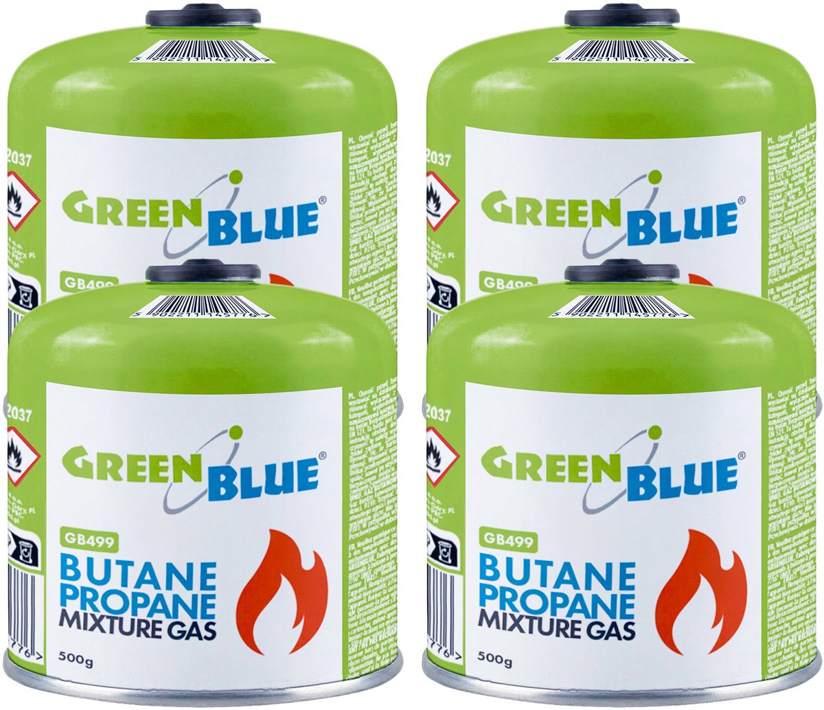 GreenBlue - Gasflessen 4 stuks - Gaspatroon van 500 g. Certificaat: Pi 0437, conform EN 417, butaan-propaan, temperatuurbereik -10 °C tot +40 °C, schroefdraadventiel 7/16'' GB499