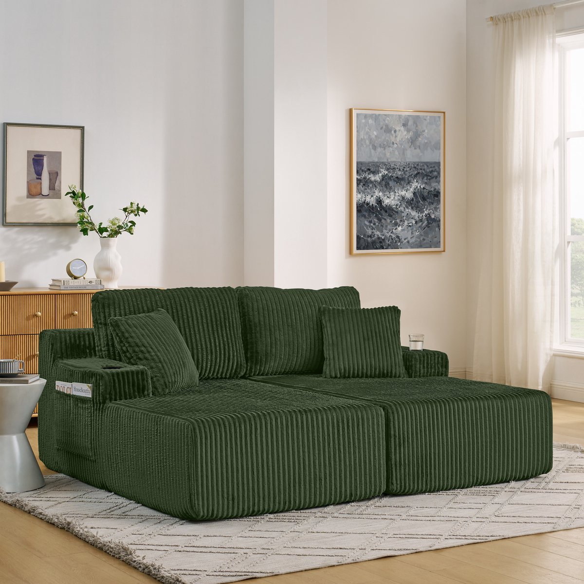 HAUSS SPOLE Slaapbank - 2-Zits Loungesofa - Relaxstoel En Logeerbank Met Zijvak, Bekerhouder En Kussens - Kordstof Groen