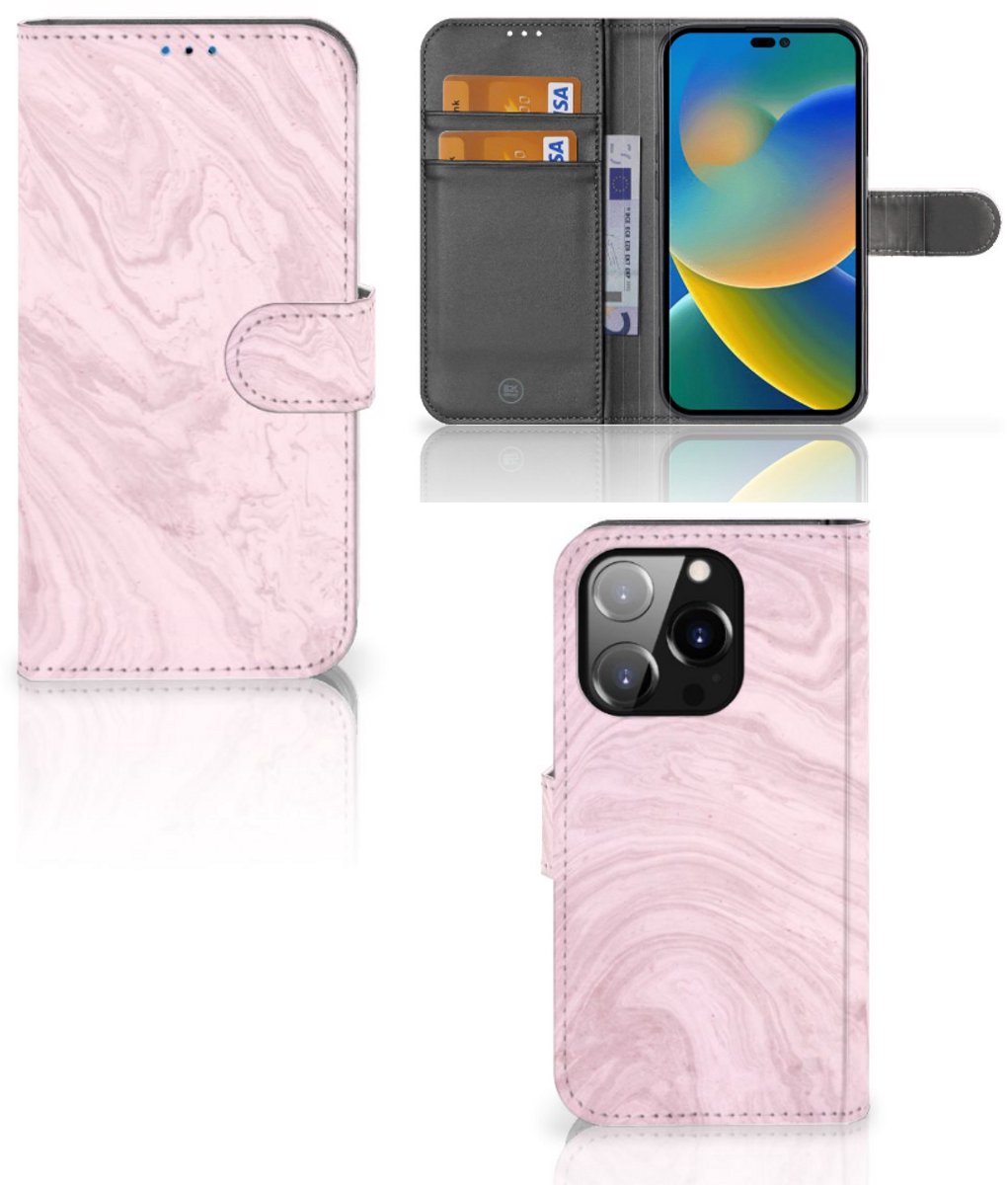 iPhone 14 Pro Bookcase Marble Pink - Origineel Cadeau Vriendin
