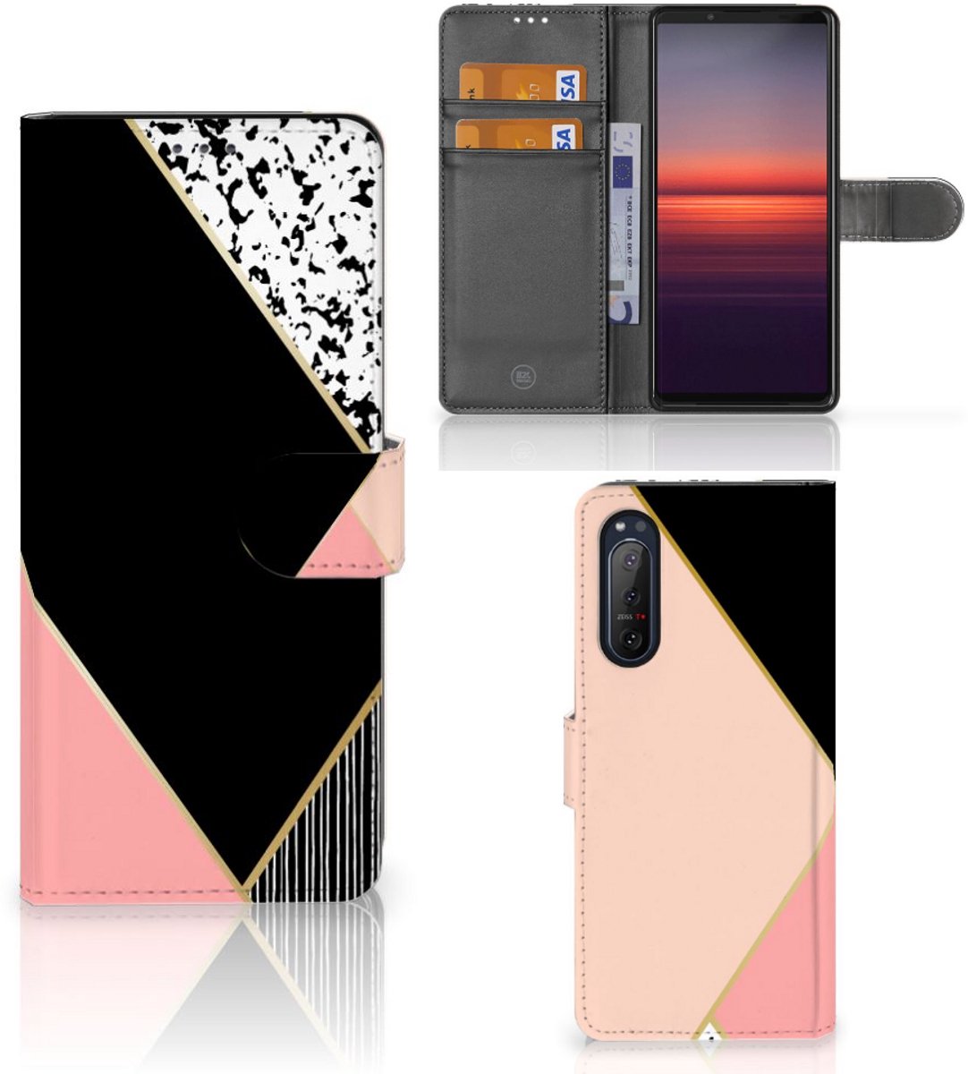 Sony Xperia 5II Book Case Zwart Roze Vormen