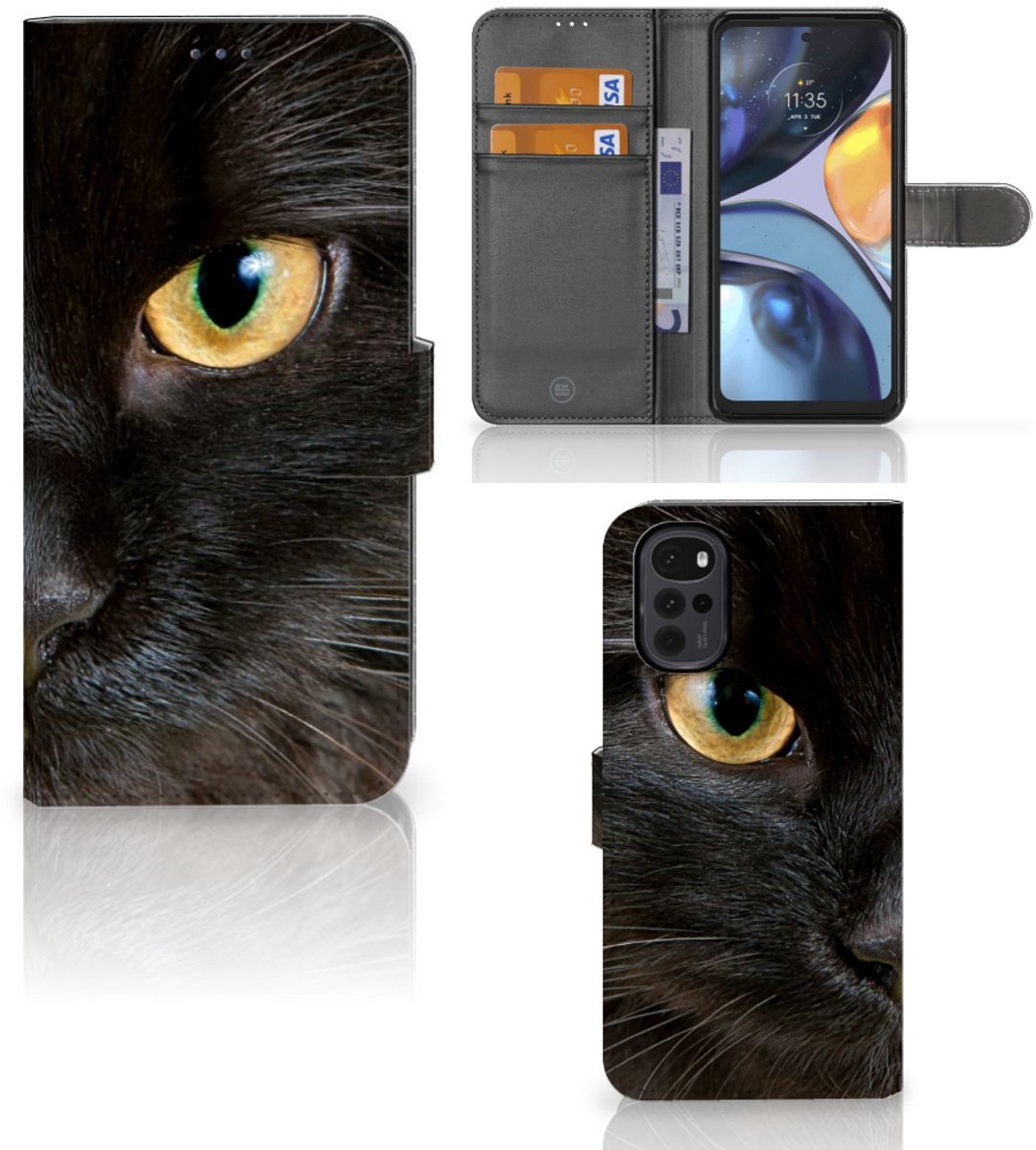 Motorola Moto G22 Telefoonhoesje met Pasjes Zwarte Kat