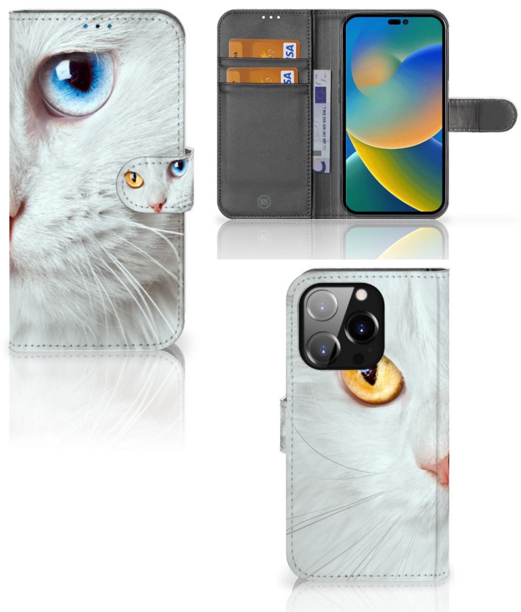 iPhone 14 Pro Telefoonhoesje met Pasjes Witte Kat