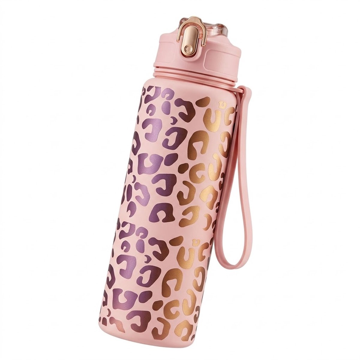 Roze waterfles bidon dames met roze goud luipaard patroon en draaglus – herbruikbare sport waterfles met flip drinkdop en sluitclip voor fitness sport wandelen reizen school kantoor en outdoor gebruik