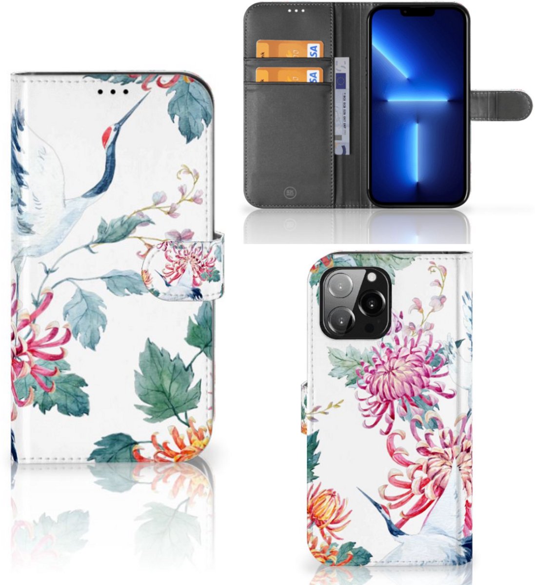 iPhone 13 Pro Max Telefoonhoesje met Pasjes Bird Flowers