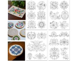 ORIGACH 4 vellen grote, in water oplosbare borduurpatroonstabilisatoren – voorgedrukte Scandinavische bloemendesigns – borduurpapier voor liefhebbers van handnaaien