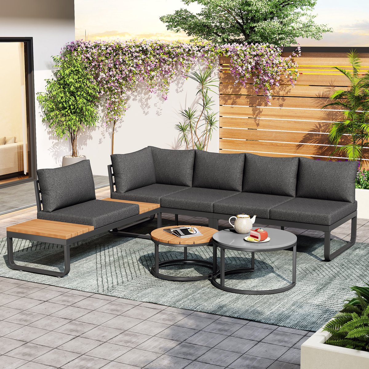 MIVRAY Tuinmeubelset 4-5 Zits - Met Stapelbare Salontafels En Verstelbare Poten - Voor Tuin En Terras - IJzer Grijs