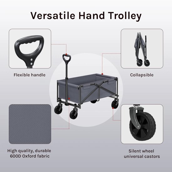 uJOY Opvouwbare bolderkar - Grijs - 360 graden draaibare wielen - Voor camping/strand/boodschappen - 80kg laadvermogen van Merkloos — afbeelding 5