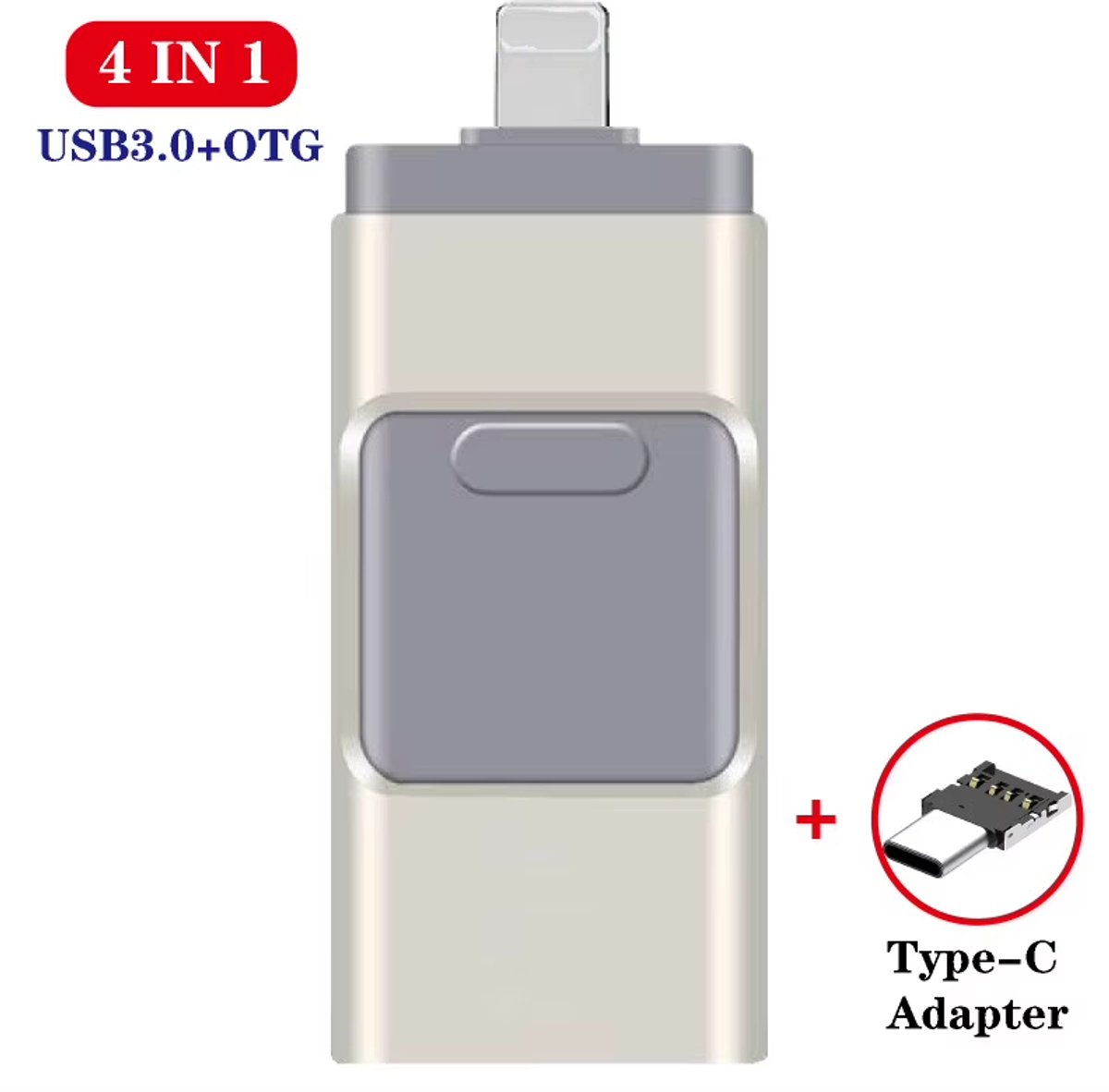 4-in-1 USB Flash Drive 256GB USB 3.0 Geheugenstick – Externe Opslag, geschikt voor iPhone, Android, Telefoon, Type-C & Windows (USB stick, geheugenkaart, opslag stick, OTG)- Zilver