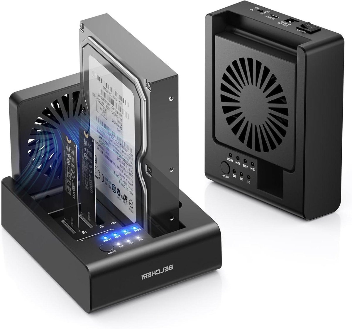 3-Bay harde schijf cloner-dock, USB 3.2 Gen 2 10 Gbps voor M.2 NVMe SSD & 2,5"/3,5" SATA HDD, HDD/M.2 NVMe SSD Cloner Docking Station met inklapbare ventilator