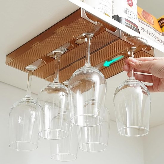 Set van 4 hangende wijnglashouders voor het ophangen van glazen zonder boren, ideaal voor bar, restaurant en keuken (bruin) — afbeelding 4