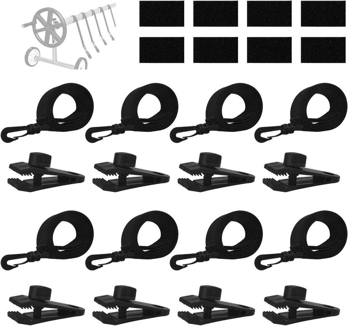 24stks Delige Bevestigingsset voor Zwembadzonneschermhoezen, Banden voor Inbouwzwembadzonneschermen Inclusief 8 Haakbanden Clips en 8 Klittenbandsluitingen