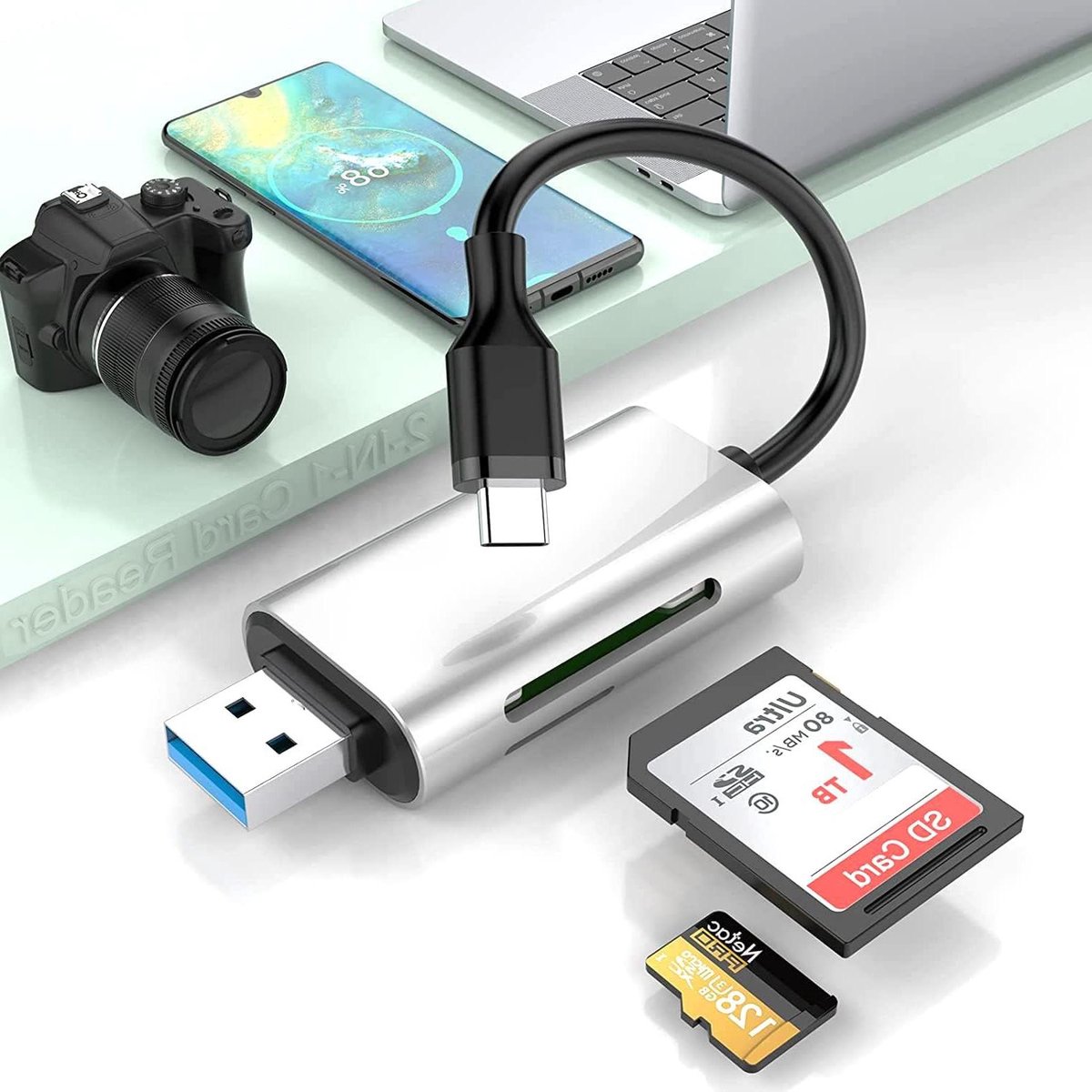 USB C Kaartlezer - Geheugenkaartlezer - Bestanden Overzetten - Meerdere Kaartformaten - 10 g - null