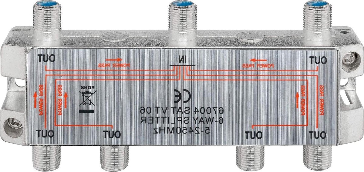 Satellietverdeler 6-voudig - Signaalverdeler TV - Satelliet Signaal Delen - 100 dB Afscherming - 5-2500 MHz - Zilver