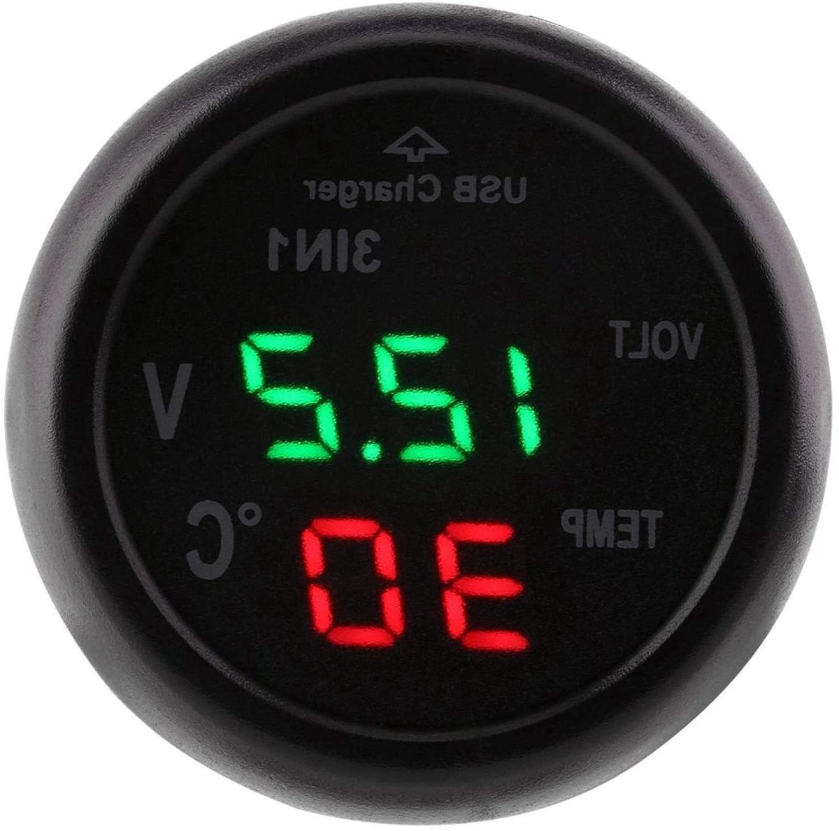 Digitale Spanningsmeter - Voltmeter Thermometer - Auto Accu Controleren - 3-in-1 Functie - 4.3 cm Diameter - Groen Rood
