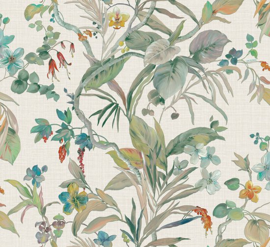 Papier peint blanc avec un imprimé botanique de feuilles vertes et de fleurs colorées, y compris des fleurs bleues, oranges et jaunes.
