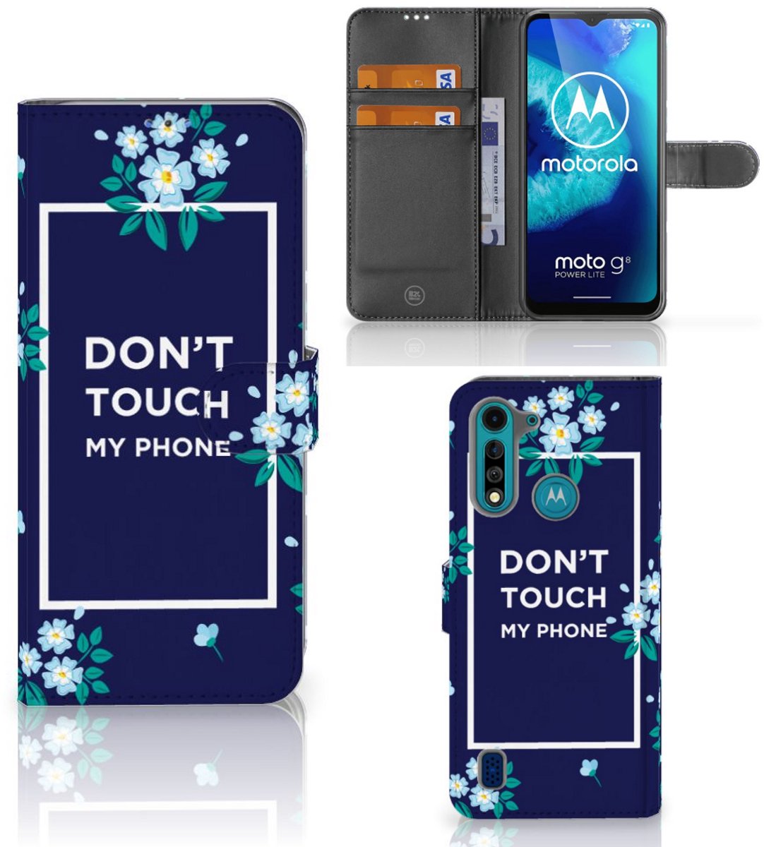 Motorola G8 Power Lite Portemonnee Hoesje Flowers Blue DTMP