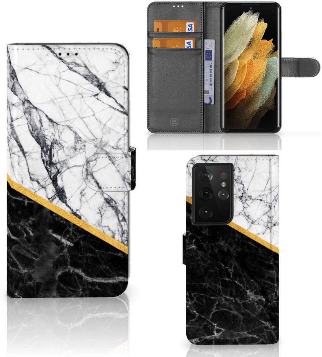 Samsung Galaxy S21 Ultra Bookcase Marmer Wit Zwart - Origineel Cadeau Man
