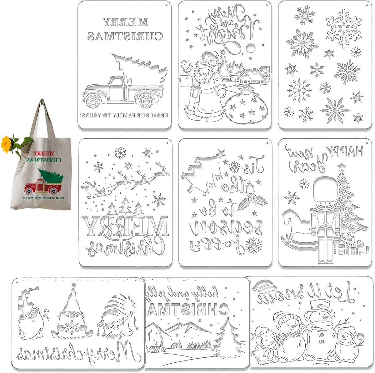 Set van 9 Herbruikbare Kerst Stencils voor Decoratie - Sjablonen voor Sneeuwvlokken, Rendieren en Houtbewerking - 29.7x21cm DIY Creatieve Projecten