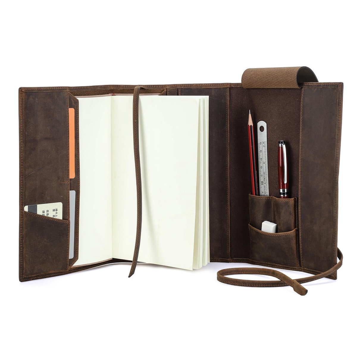 Cosensi - Hiram Leather Cover - A5 Notitieboek - Luxe leren omslag met penhouder - Bruin - Notitieboekhoes - Perfect voor zakelijke doeleinden - Kw...