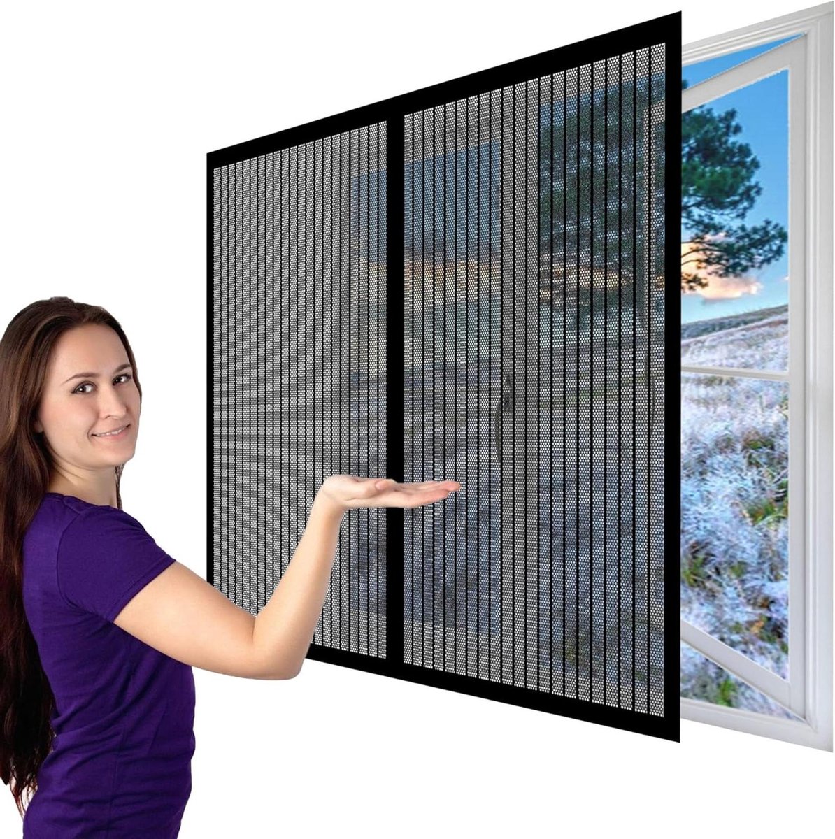 Raamhor met Muggennet 107 x 174 cm Vliegenscherm Gaas Insectengaas Handsfree Zonder Boren 