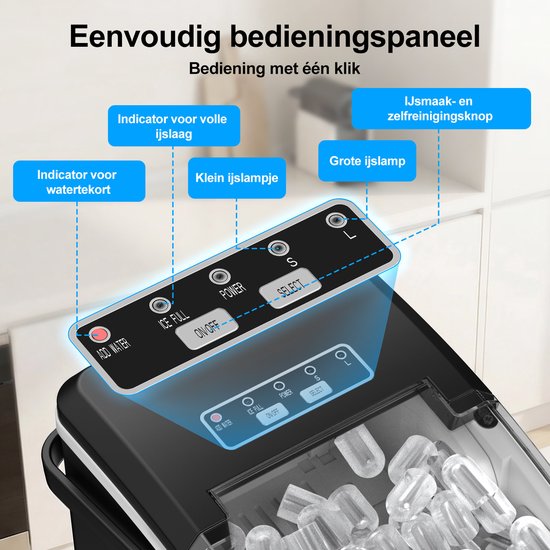 LOEFME Ijsblokjesmachine - 0,8L - Ijsblokjesmaker - 12kg/24 uur - Ijsmand & IJsschep - Zelfreinigingsfunctie - Zwart van Merkloos — afbeelding 2