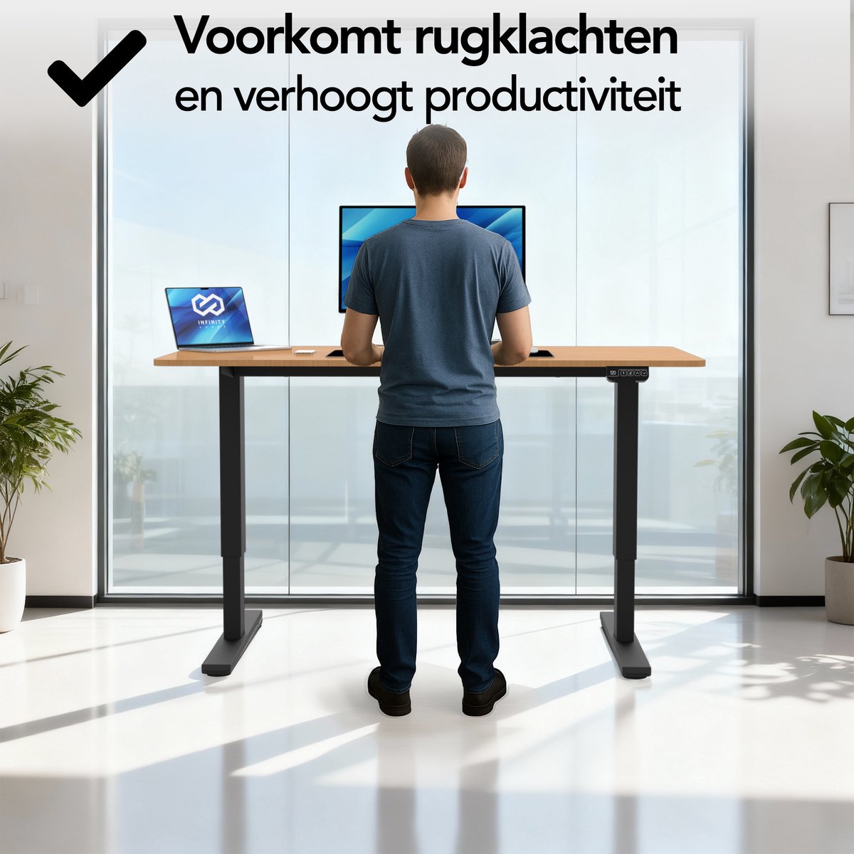 Infinity Goods Zit Sta Bureau - Elektrisch Verstelbaar In Hoogte - 140 x 60 CM - Geheugenfunctie - Bruin thumbnail 2