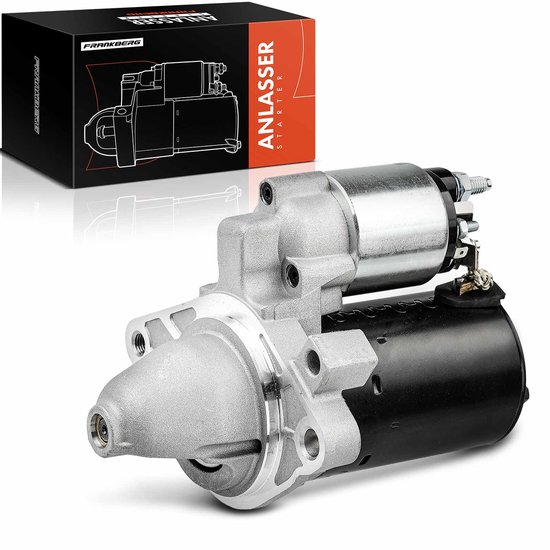 Frankberg startmotor, zilverkleurig en zwart, met gedetailleerde behuizing en aansluitingen.
