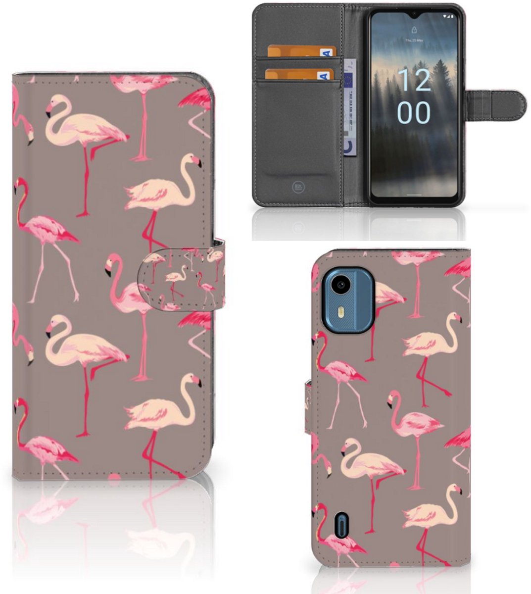 Nokia C12 Telefoonhoesje met Pasjes Flamingo
