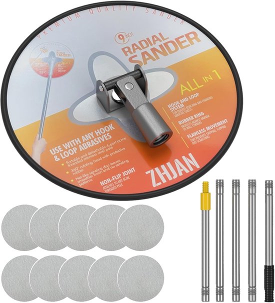 Radiale schuurmachine van 9 inch met tien schuurschijven en vier verlengstangen. De schuurkop is 360 graden draaibaar.