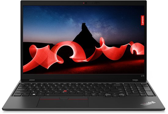 Zwarte Lenovo ThinkPad L15 laptop met een abstract rood grafisch patroon op het scherm.