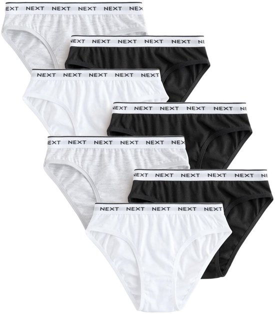 Verpakking van 7 bikinibroekjes in het zwart, grijs en wit, elk met een 'NEXT'-logo tailleband.