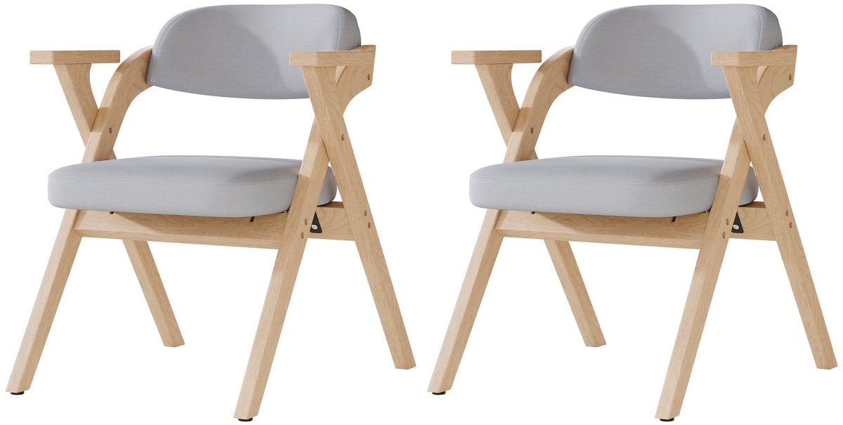 Merax Opvouwbare Eetkamerstoelen Set van 2 – Massief Houten Stoelen met Armleuningen – Inklapbare Stoelen met Linnen Zitting – Ruimtebesparend – Grijs