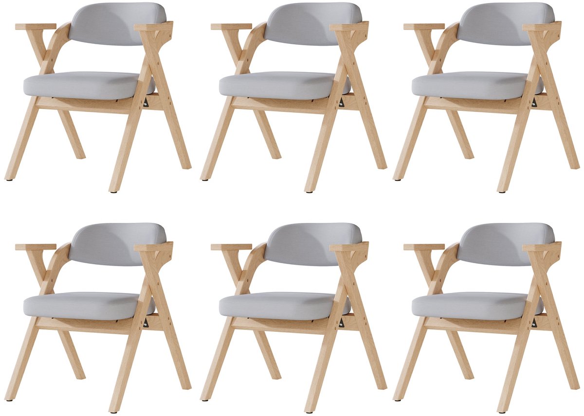 Merax Opvouwbare Eetkamerstoelen Set van 6 – Massief Houten Stoelen met Armleuningen – Inklapbare Stoelen met Linnen Zitting – Ruimtebesparend – Grijs
