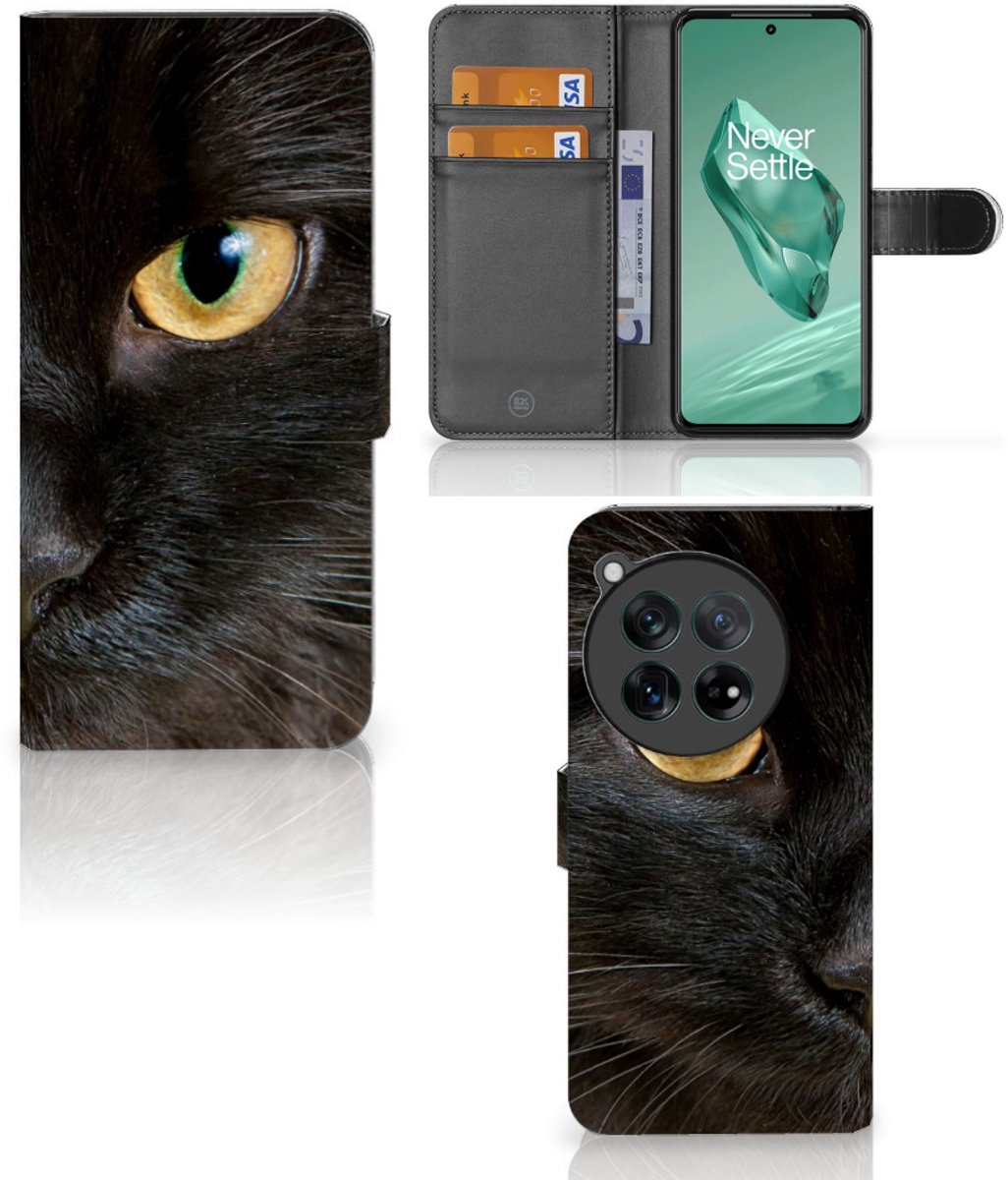 OnePlus 12 Telefoonhoesje met Pasjes Zwarte Kat