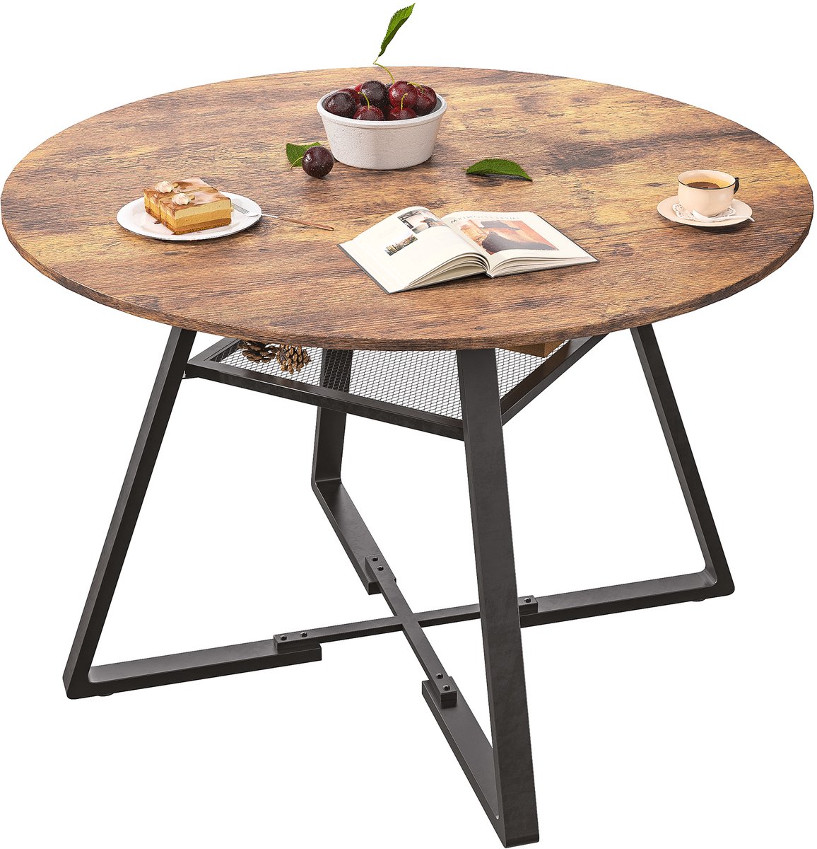 Ronde eettafel, 120 x 75 cm, vintage bruin blad, zwarte metalen poten, keukentafel voor woonkamer, balkon of eetkamer