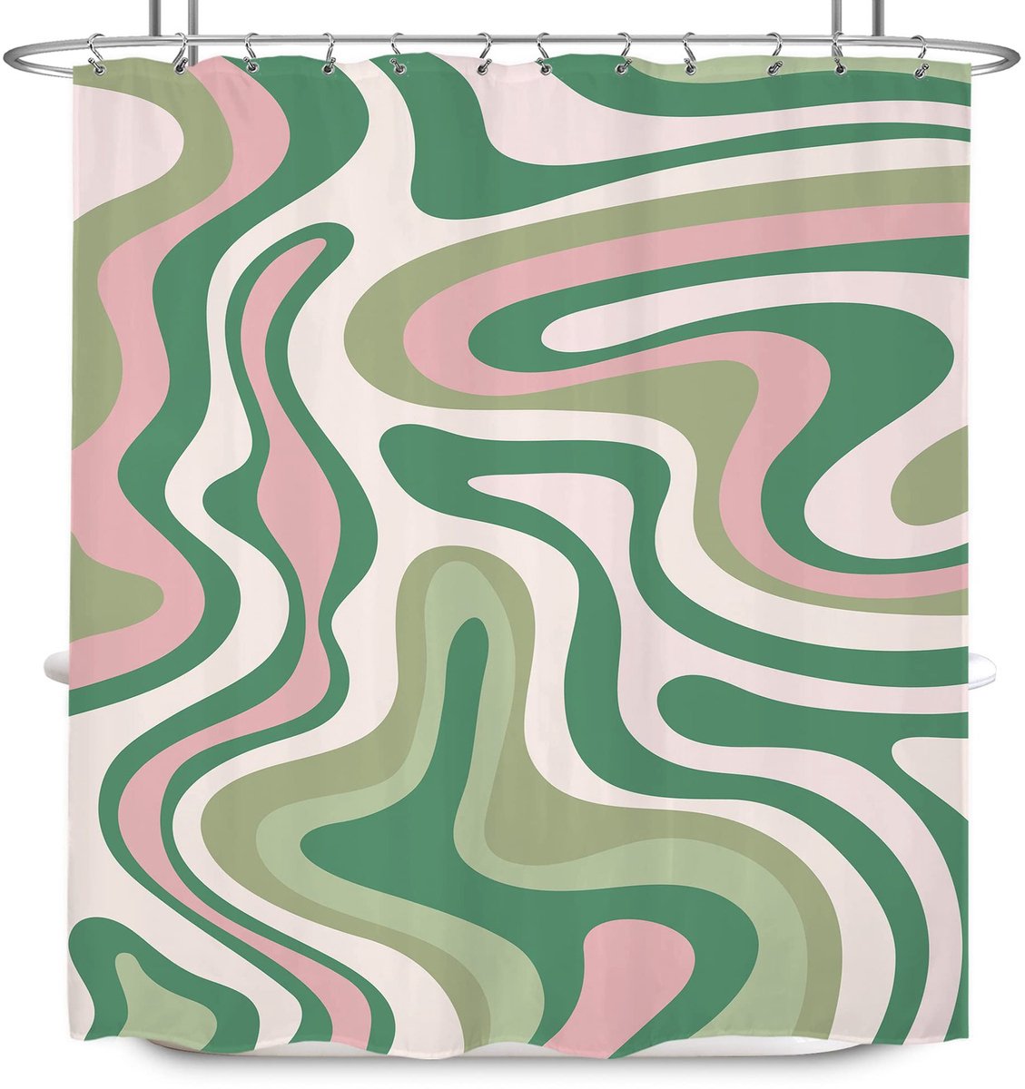 Douchegordijn, Abstract, Roze & Groen, 150 x 180 cm, Boho, Groovy, Kleurrijk, Spiraalvormige wervelingen, Modern, Esthetisch, Leuke decoratie, Waterdicht polyester, Inclusief haken