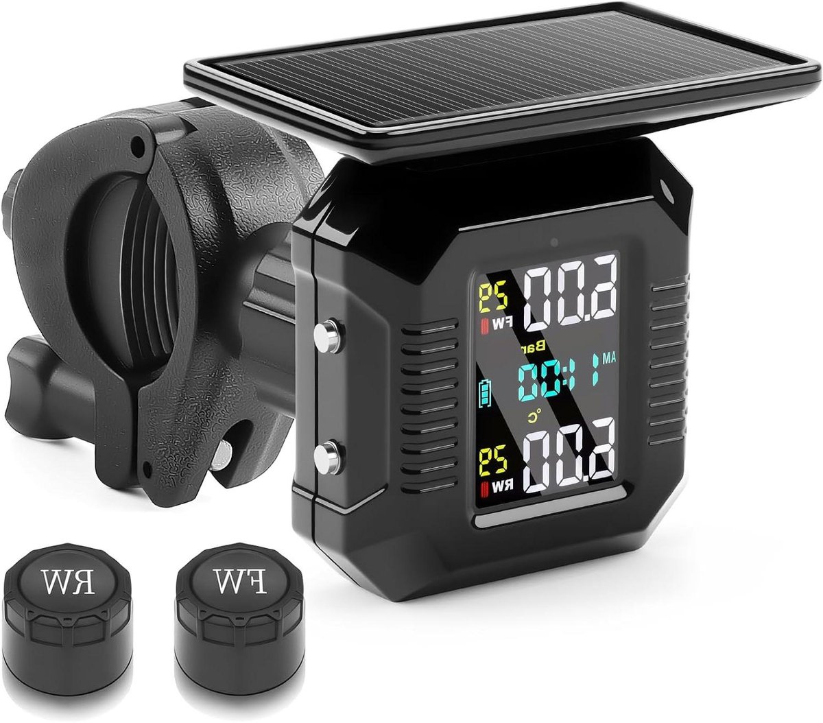 Bandenspanningsmeter Motor - TPMS Systeem - Veilig Rijden - Zonne-energie Opladen - LCD Display - Zwart