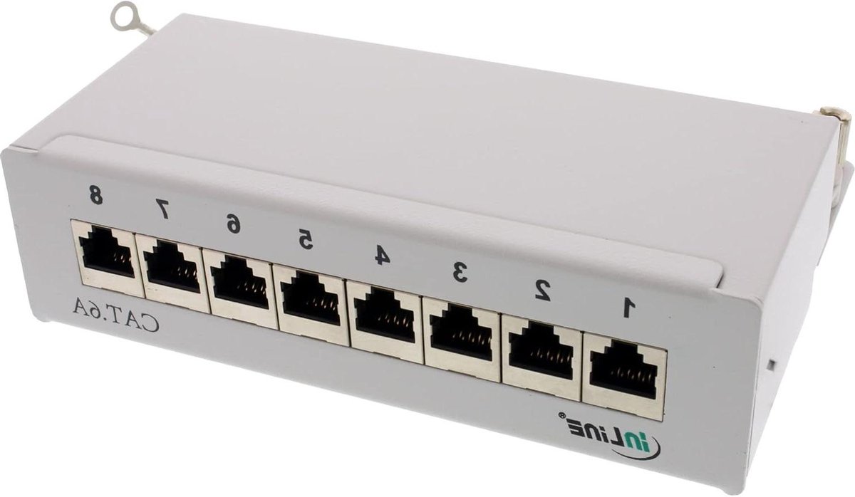 Patchpaneel Cat.6A - Netwerkverdeler RJ45 - Netwerkbekabeling organiseren - Volledig afgeschermd - 8 poorten - Lichtgrijs